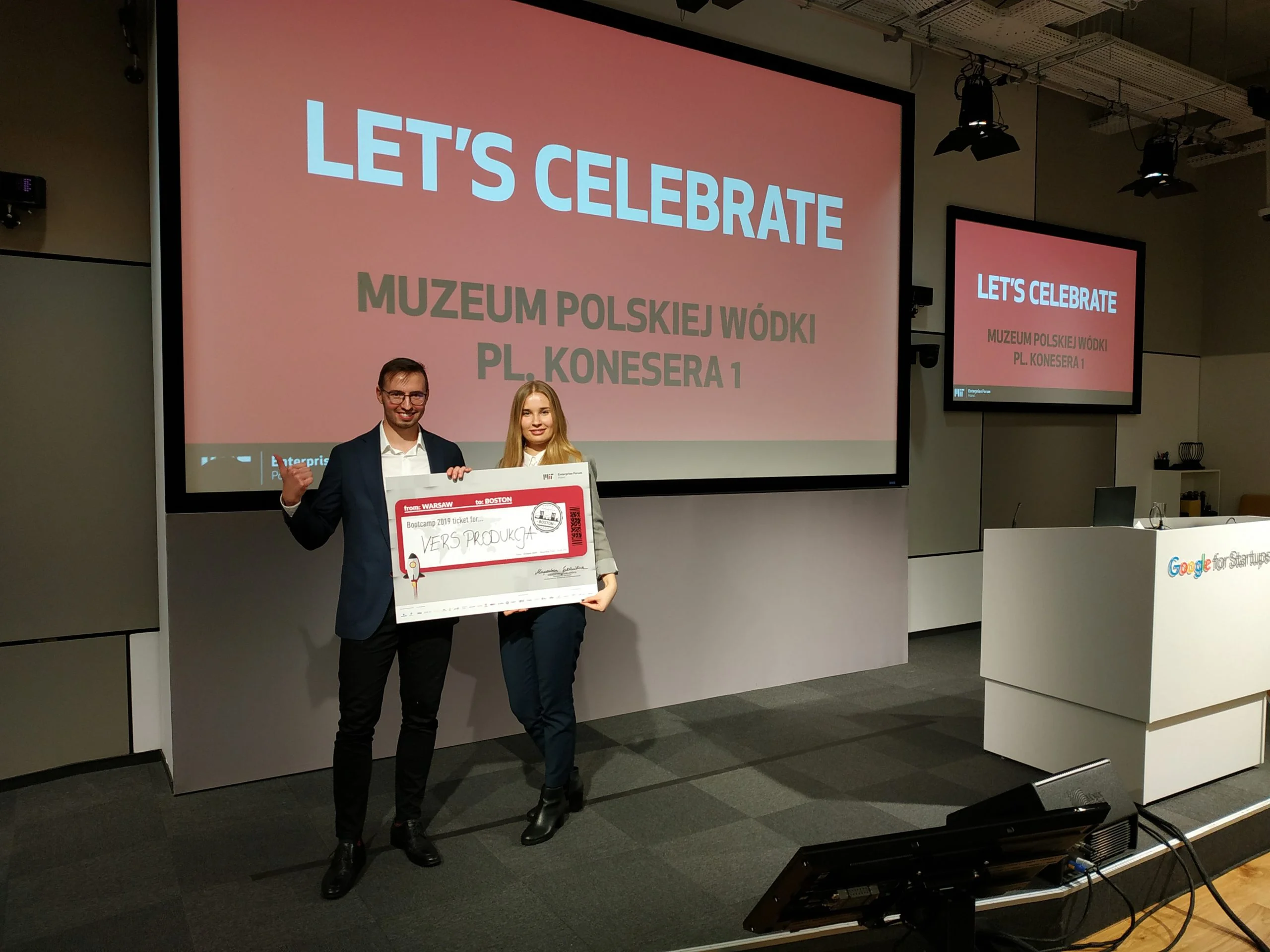 Celebration time - Michał Wendeker, our CEO and Aleksandra Gomułka, Project Manager after winning the MIT Enterprise Forum CEE Pitching Competition